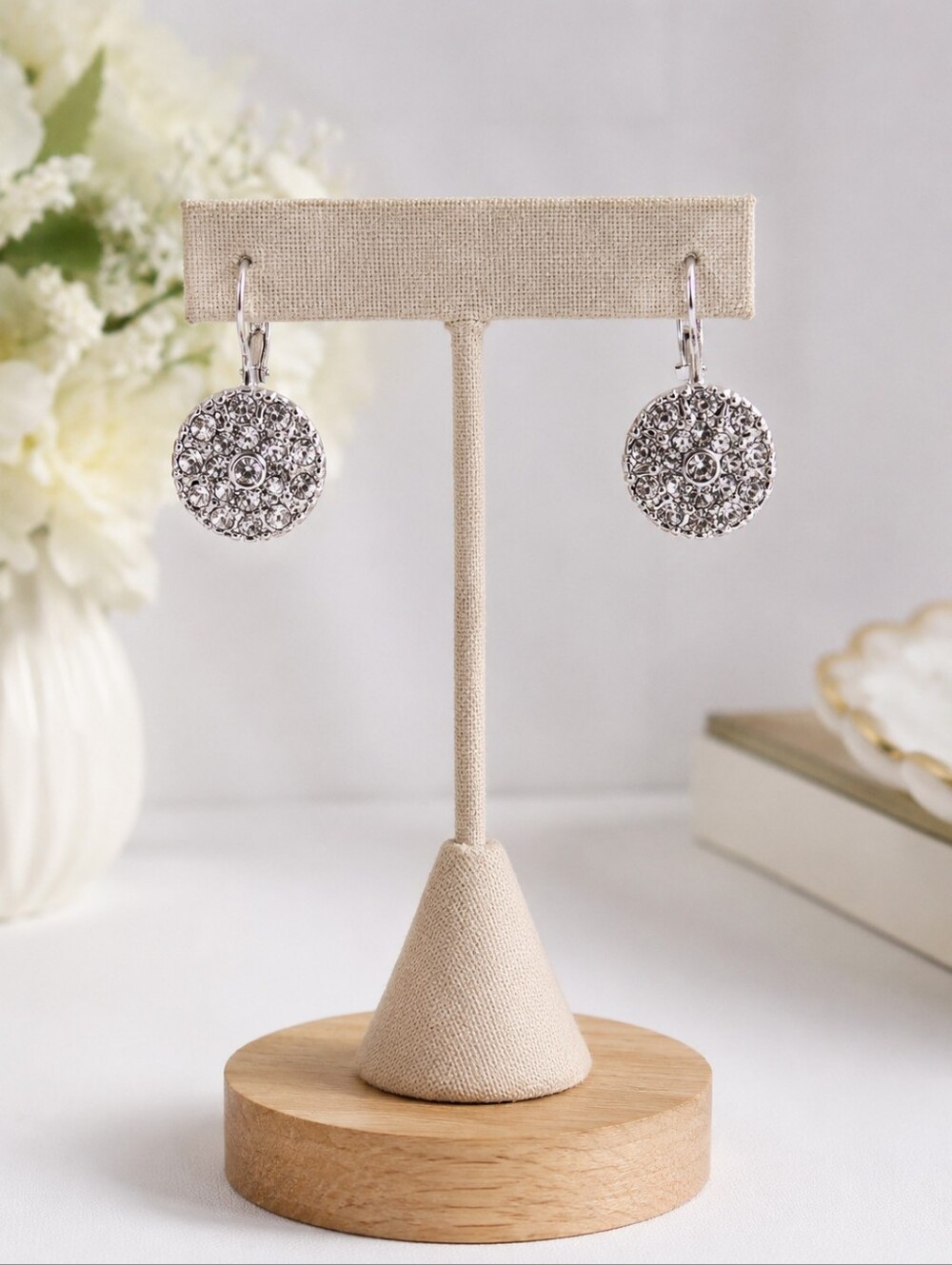 Freedom Silver Rhinestone Pave Leverback Drop Earrings Hypoallergenic NWT